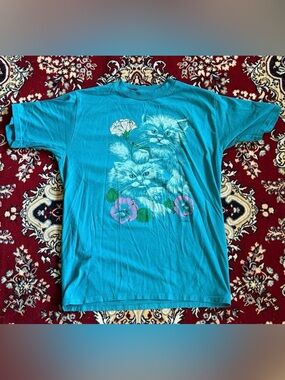 Vintage Jerzees Cats Flowers Blue T-Shirt Unisex Medium